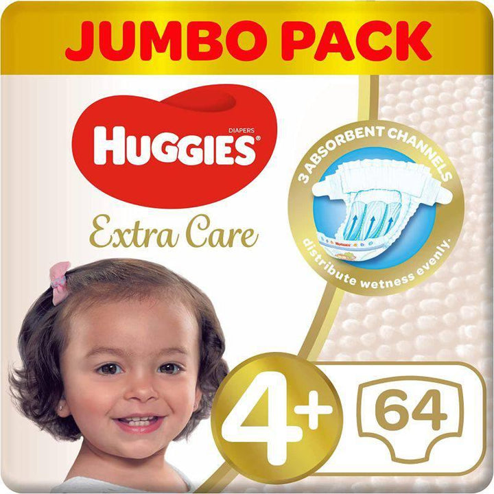 Huggies Jumbo Pack Baby Diapers Extra Care Size +4 (10-16 KG) - 64 Diapers - ZRAFH