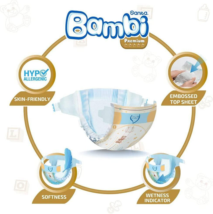 Sanita Bambi Baby Diapers Premium Care Super Pack #1 Size Newborn,2-4 KG,168 Diapers - ZRAFH