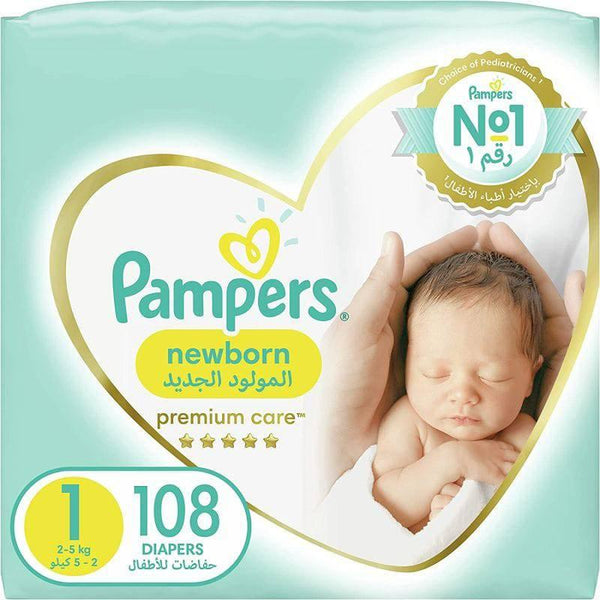 Pampers Baby Diapers Premium Care Giant Pack #1 Size Newborn 2-5 KG- 108 Diapers - ZRAFH