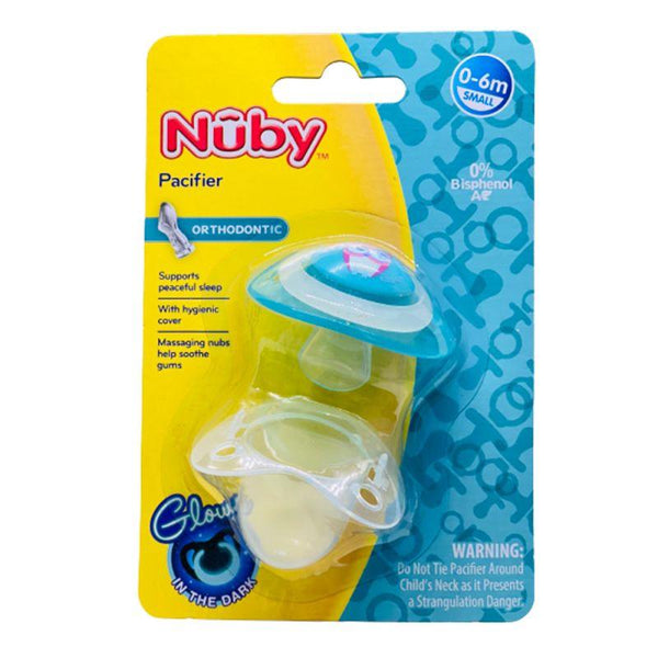 Nuby 1 Pk Nuby Ortho Glow in the Dark Pacifier with Handle and Ortho Silicone Nubs/Baglet w/ PP Hygenic Cover Blue - ZRAFH
