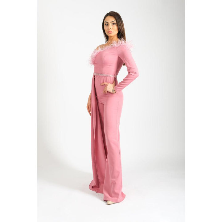 Londonella Women's Off Shoulder Wide Leg Jumpsuit with High Waisted Belt - Pink - 100260 - Zrafh.com - Your Destination for Baby & Mother Needs in Saudi Arabia