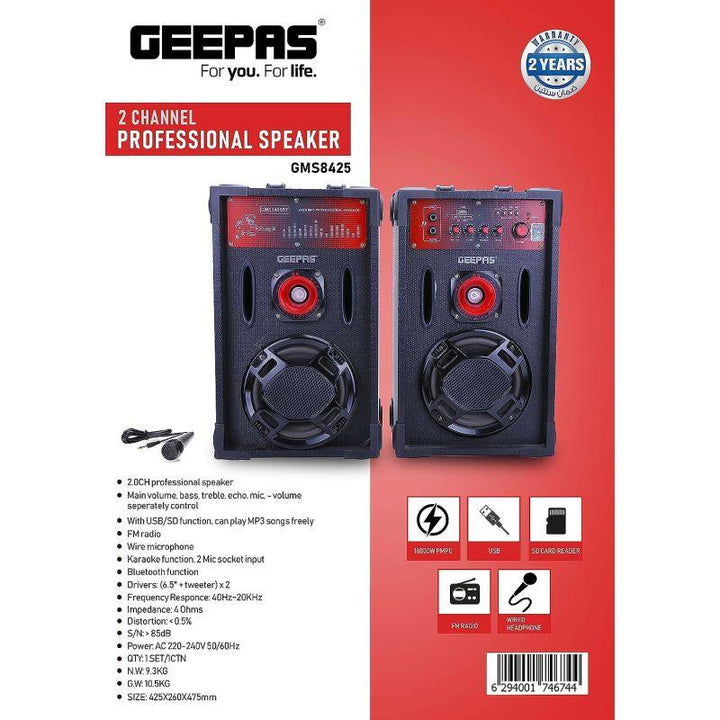 Geepas 2-Channel Professional Speakers With USB - SD Card Slots And Wireless Microphone - GMS8425 - Zrafh.com - Your Destination for Baby & Mother Needs in Saudi Arabia