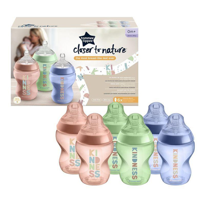 Tommee Tippee Closer to Nature Slow-Flow Baby Bottles with Anti-Colic Valve - Be Kind Multicolor - 6 Pieces - 260 ml - Zrafh.com - Your Destination for Baby & Mother Needs in Saudi Arabia