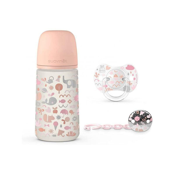 Suavinex Baby Bottle + Soother + Clip Set - 270 ml - 3 Pieces - Pink - ZRAFH