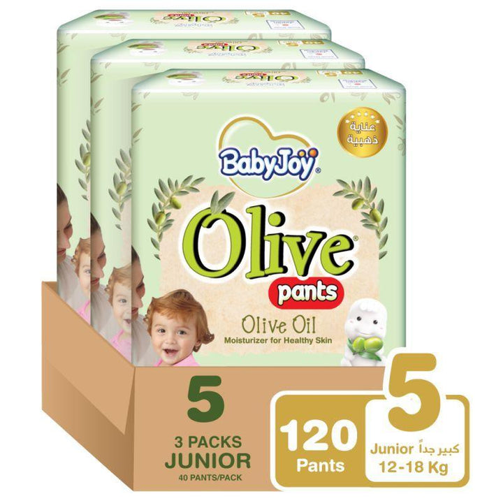 Babyjoy Olive Pants Mega Box - Size 5 - Junior - 12-18 kg - 120 Diapers - Zrafh.com - Your Destination for Baby & Mother Needs in Saudi Arabia