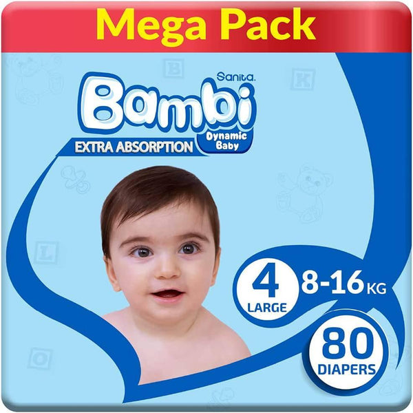 Sanita Bambi Baby Diapers Mega Pack Size 4, Large, 8-16 KG, 80 Diapers - ZRAFH