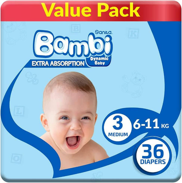 Sanita Bambi Baby Diaper Value Pack #3 Size Medium,6-11 KG,36 Diapers - ZRAFH