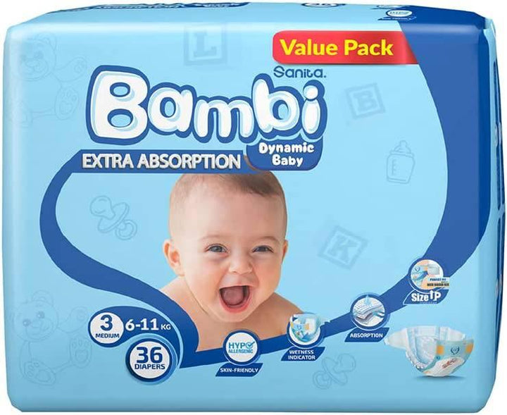 Sanita Bambi Baby Diaper Value Pack #3 Size Medium,6-11 KG,36 Diapers - ZRAFH