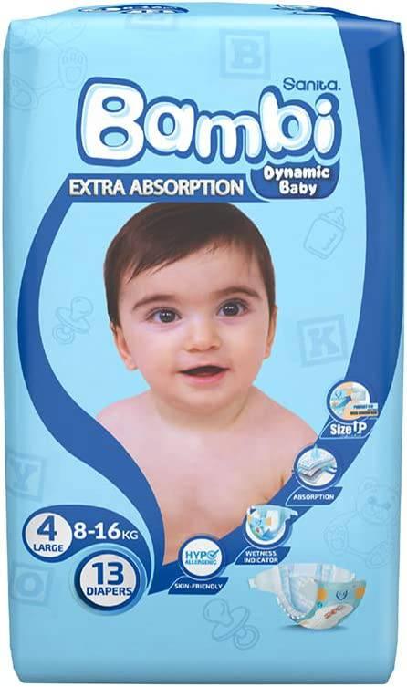 Sanita Bambi Baby Diapers Dry Bag #4 Size Large, 8-16 KG,13 Diapers - ZRAFH