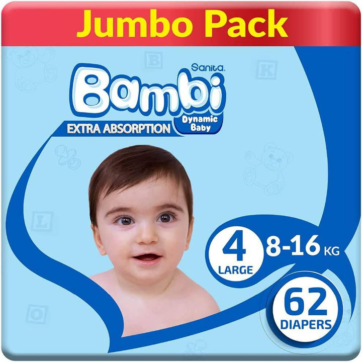 Sanita Bambi Baby Diapers Jumbo Pack Size 4, Large, 8-16 KG, 62 Diapers - ZRAFH
