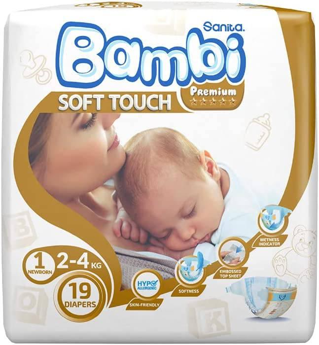 Sanita Bambi Baby Diapers Premium Care #1 Size Newborn, 2-4 KG,19 Diapers - ZRAFH