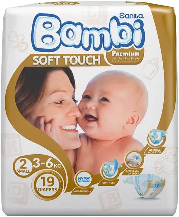 Sanita Bambi Baby Diapers Premium #2 Size Small, 3-6 KG,19 Diapers - ZRAFH