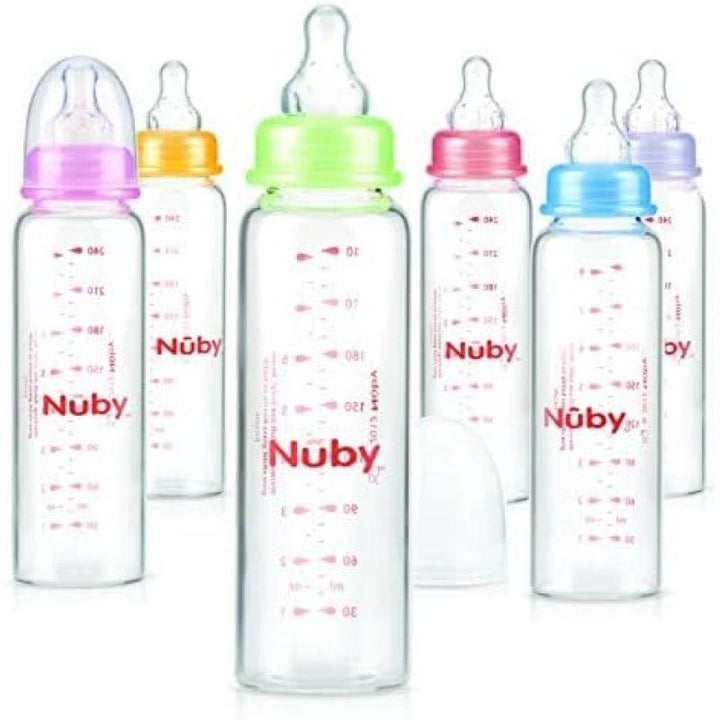 Nuby 240Ml Standard Neck Clear Glass Bottle W/Nuby Logo, Pp No Icon Hood & Medium Flow Silicone Nipples. Blue - ZRAFH