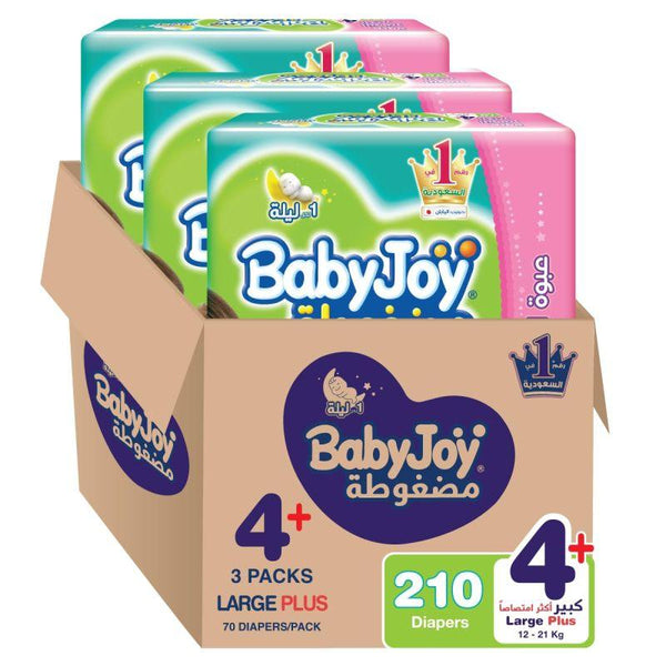 BabyJoy Compressed Diamond Pad Giant Box - Size 4+ - Large+ - 12-21 kg - 210 Diapers - Zrafh.com - Your Destination for Baby & Mother Needs in Saudi Arabia