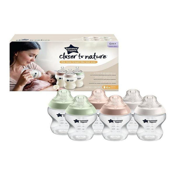 Tommee Tippee Closer to Nature Slow-Flow Baby Bottles with Anti-Colic Valve - Mixed Colors - 6 Pieces - 260 ml - Zrafh.com - Your Destination for Baby & Mother Needs in Saudi Arabia