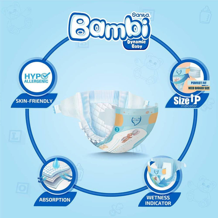 Sanita Bambi Baby Diapers Regular Bag #5 Size Extra Large,12-22 KG,11 Diapers - ZRAFH
