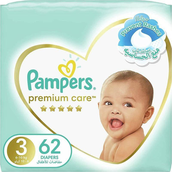 Pampers Premium Care Baby Diapers Mega Pack Size #3 Medium, 6-10 KG, 62 Diapers - ZRAFH