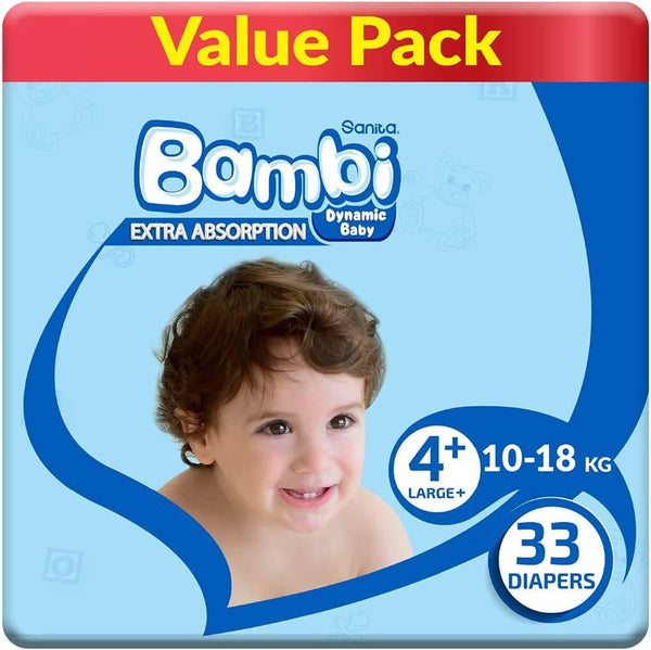 Sanita Bambi Baby Diaper Value Pack #4+ Size Large Plus,10-18 KG,33 Diapers - ZRAFH