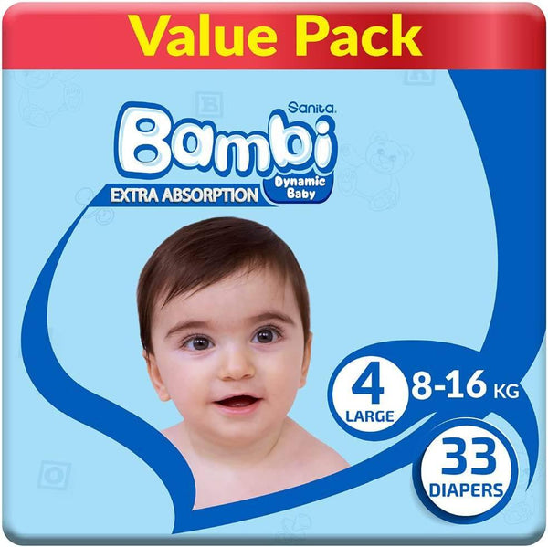 Sanita Bambi Baby Diaper Value Pack #4 Size Large,8-16 KG, 33 Diapers - ZRAFH