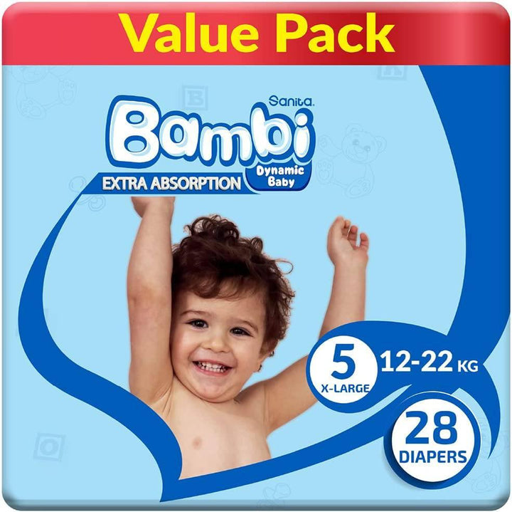 Sanita Bambi Baby Diaper Value Pack #5 Size XL,12-22 KG, 28 Diapers - ZRAFH