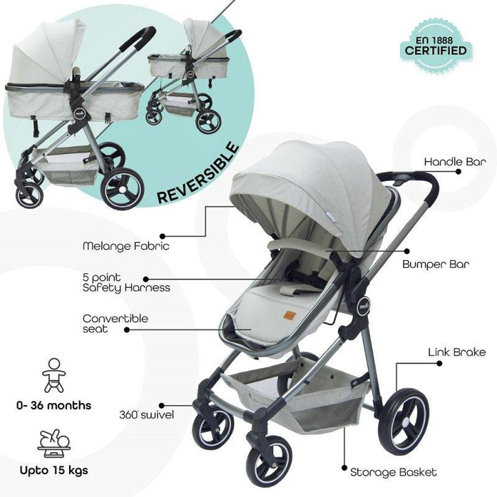 Moon - Pro 2 In 1 Convertible To Carrycot, Reversable Stroller - Grey + Moon - Kary Me Diaper Bag Backpack - Light Gray - Zrafh.com - Your Destination for Baby & Mother Needs in Saudi Arabia