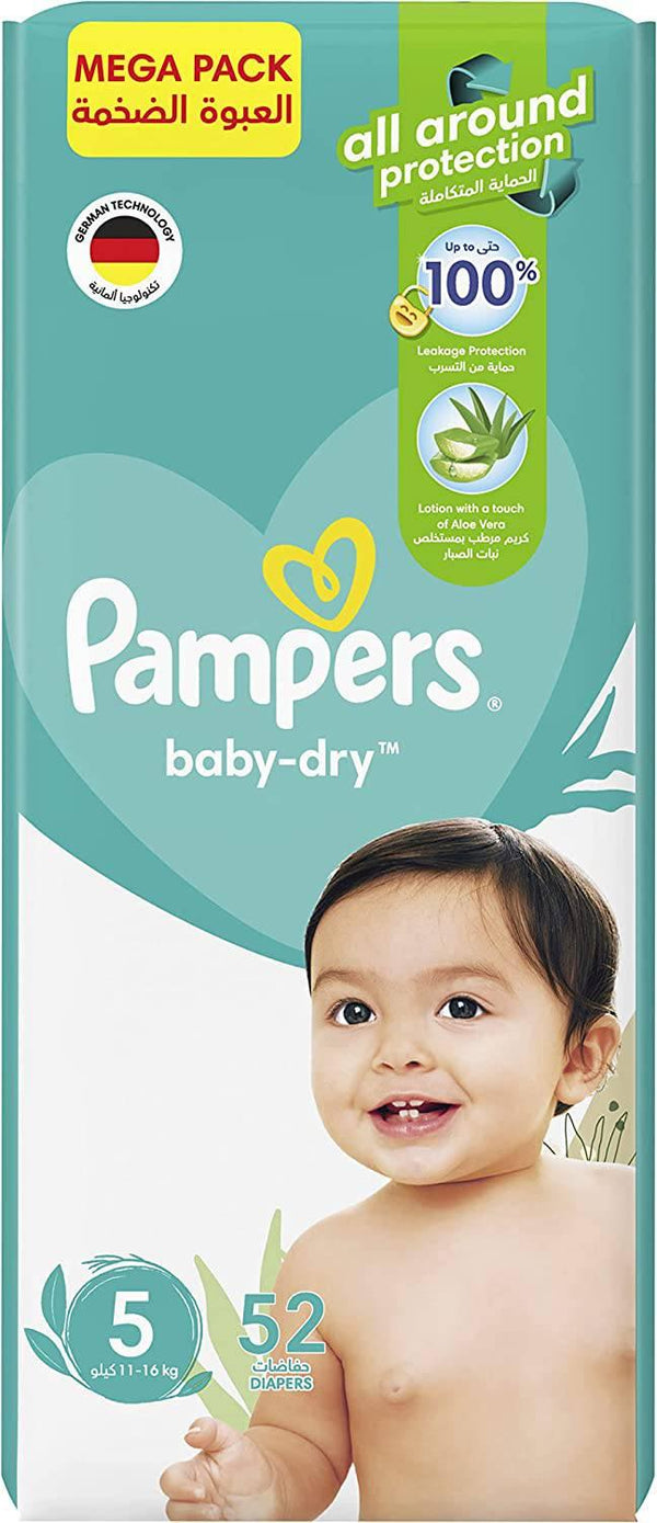 Pampers Baby-Dry Diapers with Aloe Vera Lotion and Leakage Protection, Size 5, 11-18 kg, Carry Pack, 52 Diapers - ZRAFH