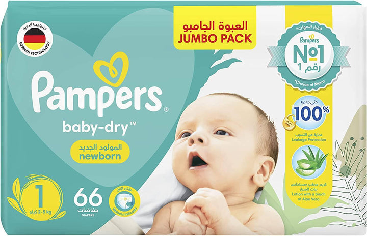Pampers New Baby-Dry Diapers, Size 1, Newborn, 2-5kg, Jumbo Pack, 66 Count - ZRAFH