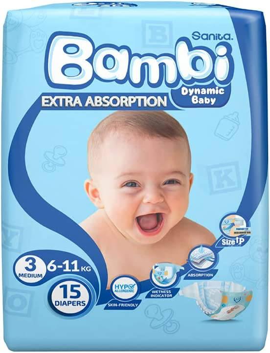 Sanita Bambi Baby Diapers, Size 3, Medium, 6-11 kg, 15 Diapers - ZRAFH