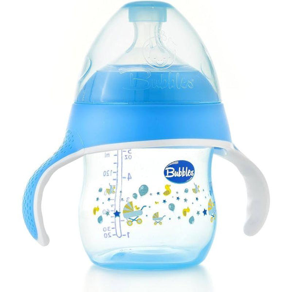 Bubbles Natural Feeding Bottle With Holder - 150 ml - 3 month - Blue - Zrafh.com - Your Destination for Baby & Mother Needs in Saudi Arabia