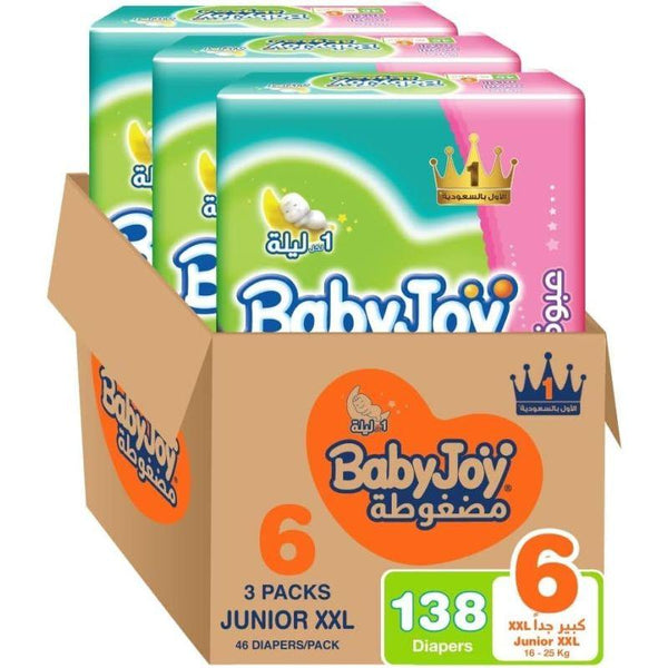 BabyJoy Compressed Diamond Pad Giant Box - Size 6 - Junior XXL - 16+ kg - 138 Diapers - Zrafh.com - Your Destination for Baby & Mother Needs in Saudi Arabia