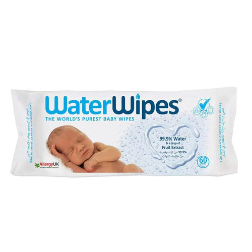WaterWipes Plastic-Free Original 99.9% Water Based Baby Wipes, Unscented,  60 Count (1 Pack)