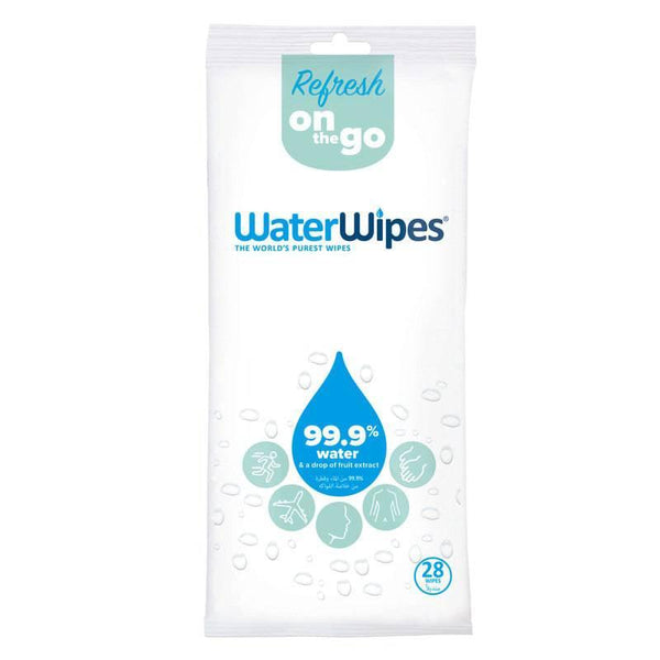 WaterWipes Refresh Body Wipes, 99.9% Water Based Wet Wipes, Non Sticky, Unscented, No-Rinse, Sensitive Skin, 28 Count (1 pack) - ZRAFH