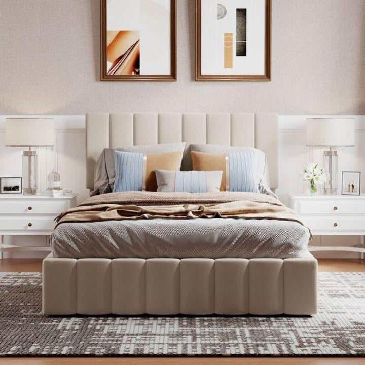 King Bed in Beige Velvet with Swedish Wood Frame By Alhome - 110112442 - Zrafh.com - Your Destination for Baby & Mother Needs in Saudi Arabia