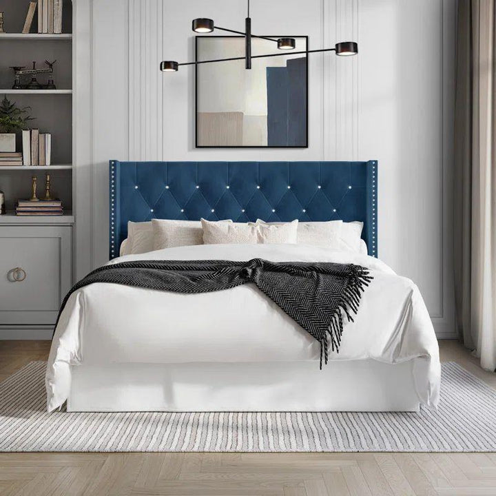 Super King Bed in White Blue Velvet with Swedish Wood Frame By Alhome - Zrafh.com - Your Destination for Baby & Mother Needs in Saudi Arabia