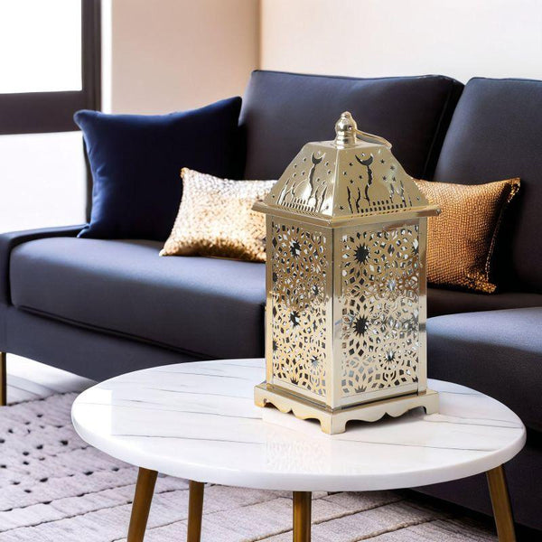 Steel Square Ramadan Lantern With Led Lighting - Gold - 27X12X12 Cm - By Family Ship - Zrafh.com - Your Destination for Baby & Mother Needs in Saudi Arabia