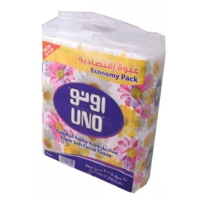 Uno Facial Tissues Nylon Pack - 200x2 Sheets - 10 Pack - White - Zrafh.com - Your Destination for Baby & Mother Needs in Saudi Arabia