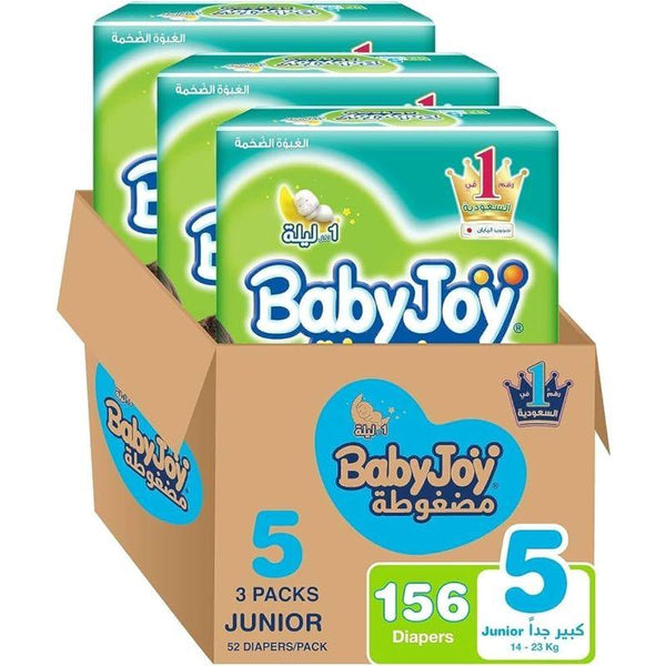 BabyJoy Compressed Diamond Pad Mega Box - Size 5 - Junior - 14-25 kg - 156 Diapers - Zrafh.com - Your Destination for Baby & Mother Needs in Saudi Arabia
