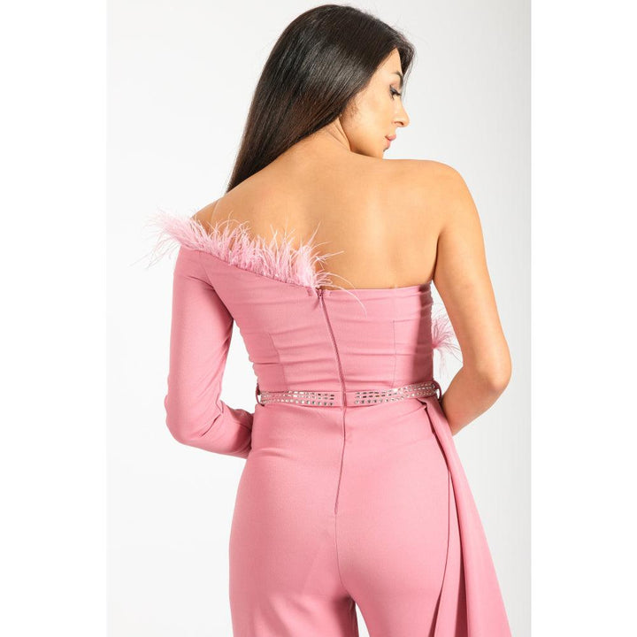 Londonella Women's Off Shoulder Wide Leg Jumpsuit with High Waisted Belt - Pink - 100260 - Zrafh.com - Your Destination for Baby & Mother Needs in Saudi Arabia