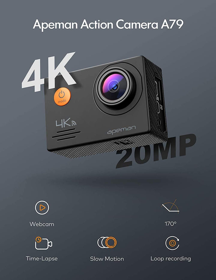 Apeman A79 Action Camera 4K 20MP WiFi External Microphone 2.4G Remote Control Underwater Waterproof 40M Sports Vlog Webcam Camcorder with 2 Rechargeable Batteries and Accessories Kits - Zrafh.com - Your Destination for Baby & Mother Needs in Saudi Arabia
