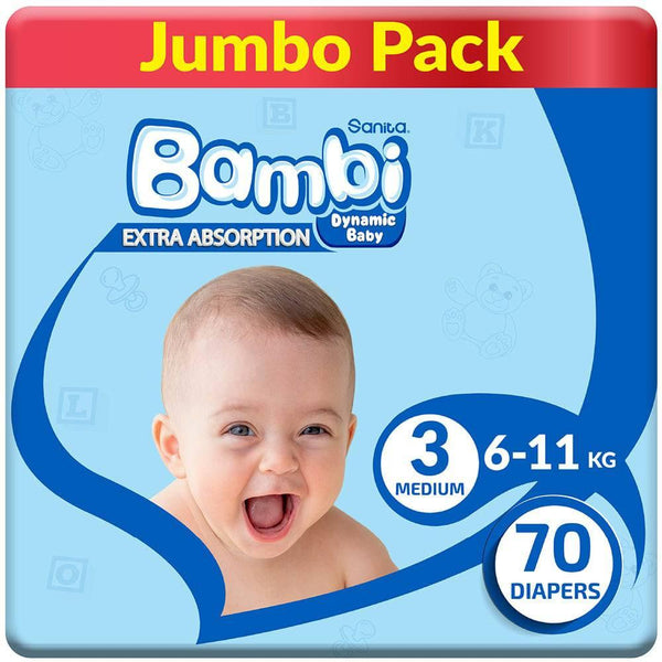 Sanita Bambi Baby Diapers Jumbo Pack Size 3, Medium, 6-11 KG, 70 Diapers - ZRAFH