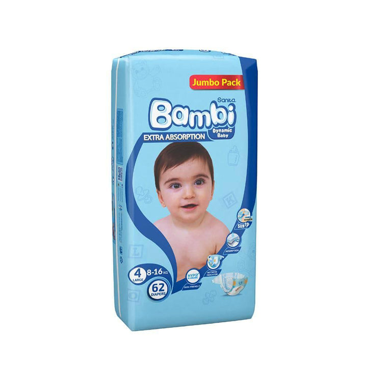 Sanita Bambi Baby Diapers Jumbo Pack Size 4, Large, 8-16 KG, 62 Diapers - ZRAFH
