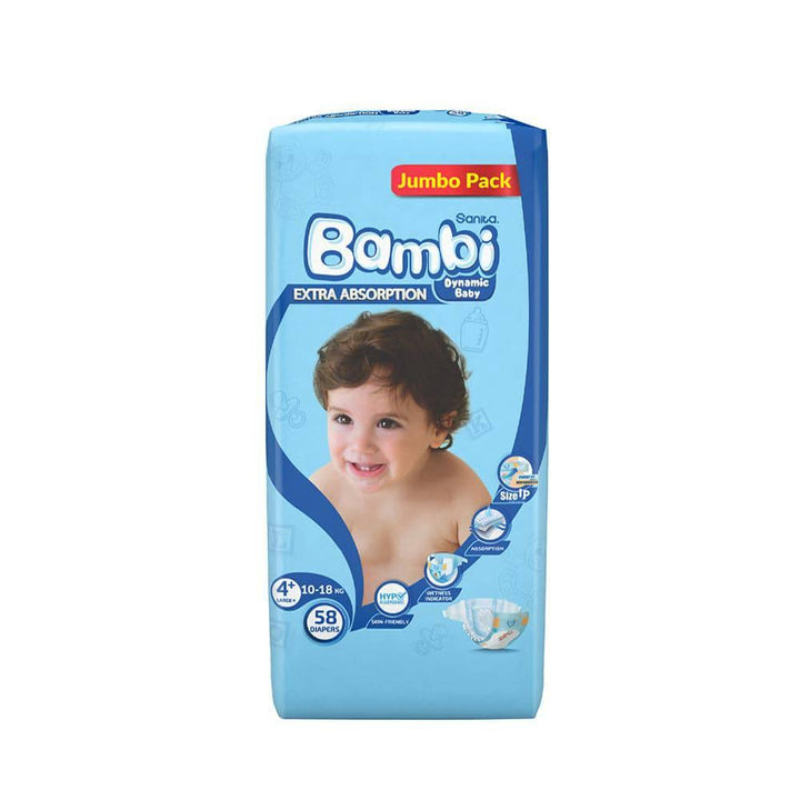 Sanita Bambi Baby Diapers Jumbo Pack Size 4+, Large plus, 10-18 KG, 58 Diapers - ZRAFH