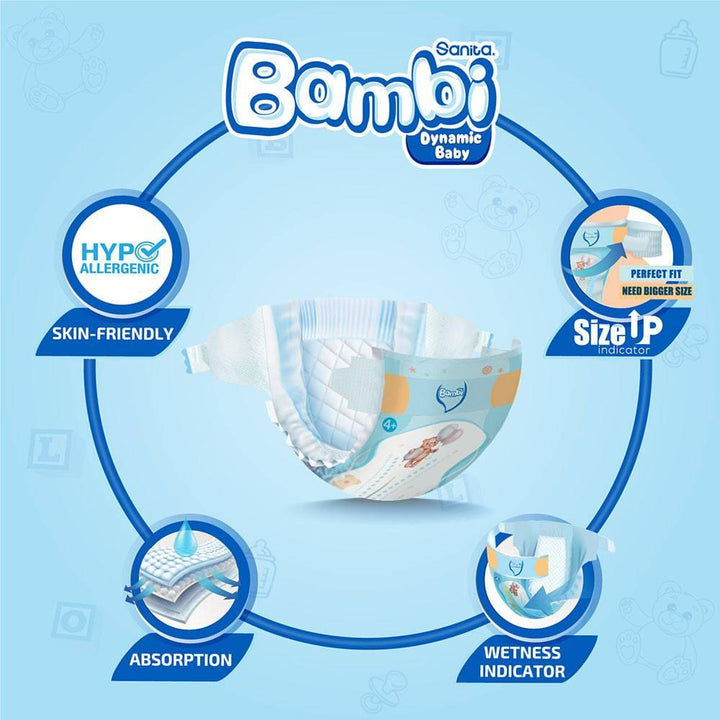 Sanita Bambi Baby Diapers Jumbo Pack Size 4+, Large plus, 10-18 KG, 58 Diapers - ZRAFH