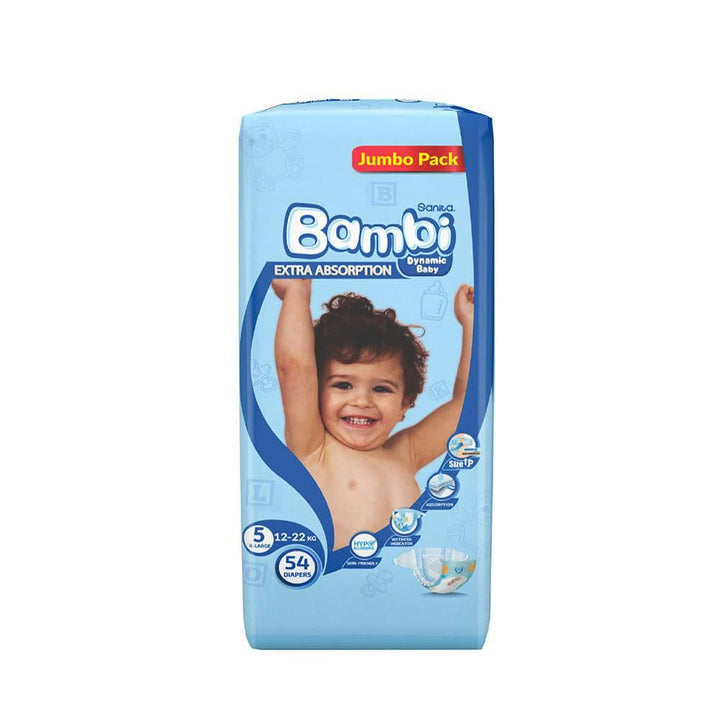 Sanita Bambi Baby Diapers Jumbo Pack Size 5, X-Large, 12-22 KG, 54 Diapers - ZRAFH