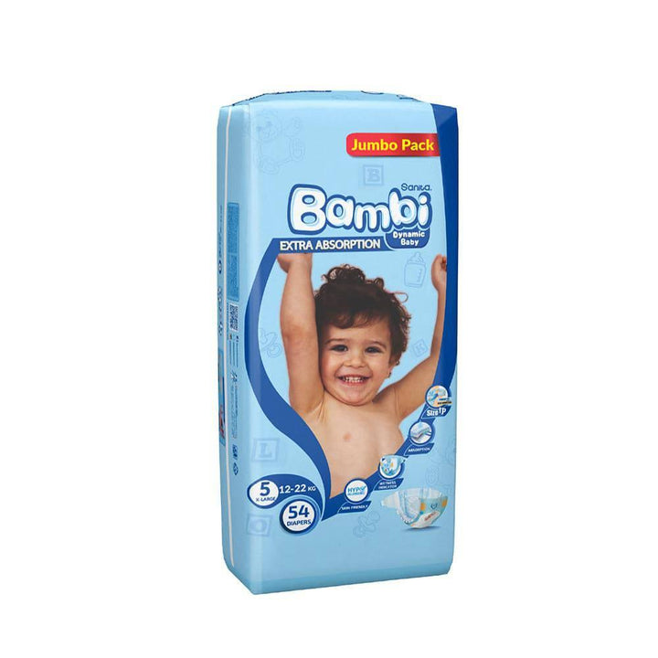 Sanita Bambi Baby Diapers Jumbo Pack Size 5, X-Large, 12-22 KG, 54 Diapers - ZRAFH
