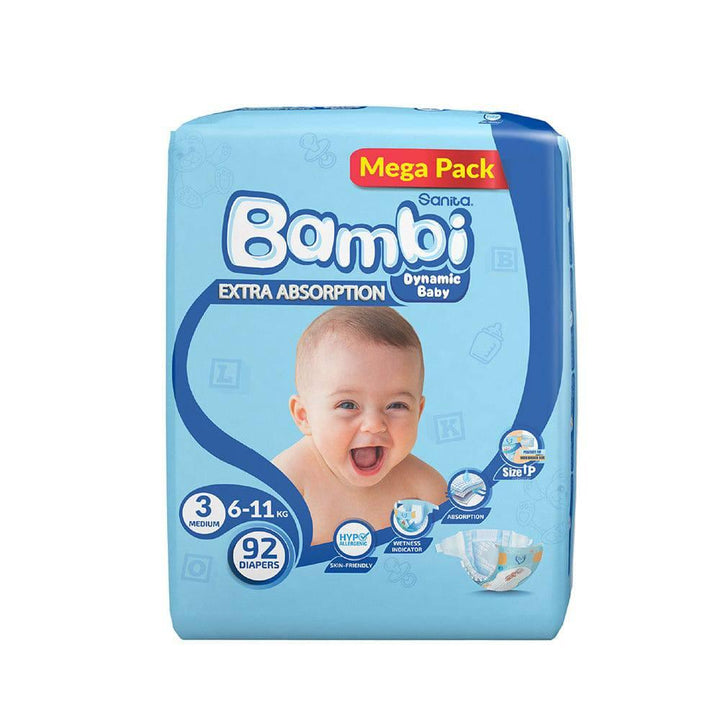 Sanita Bambi Baby Diapers Mega Pack Size 3, Medium, 6-11 KG, 92 Diapers - ZRAFH