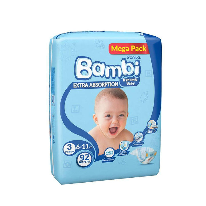Sanita Bambi Baby Diapers Mega Pack Size 3, Medium, 6-11 KG, 92 Diapers - ZRAFH