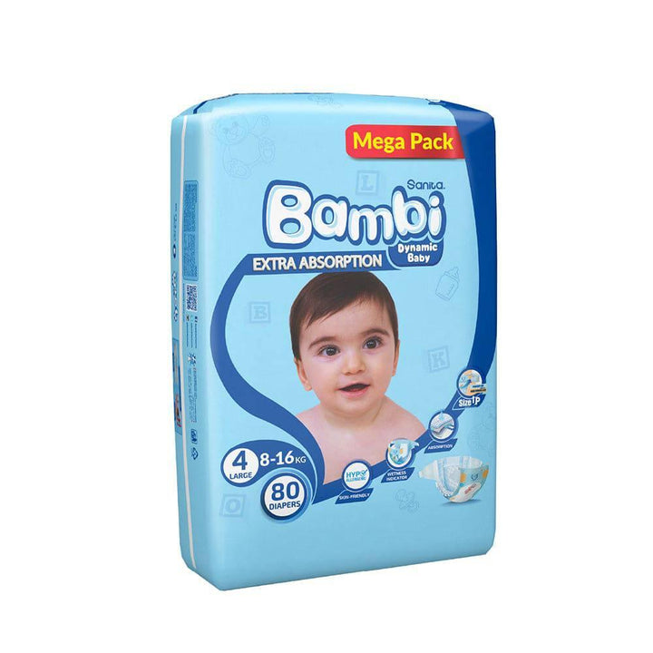 Sanita Bambi Baby Diapers Mega Pack Size 4, Large, 8-16 KG, 80 Diapers - ZRAFH
