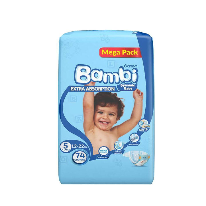 Sanita Bambi Baby Diapers Mega Pack Size 5, X-Large, 12-22 KG, 74 Diapers - ZRAFH