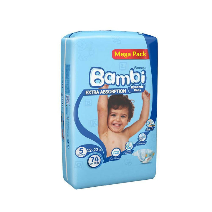 Sanita Bambi Baby Diapers Mega Pack Size 5, X-Large, 12-22 KG, 74 Diapers - ZRAFH